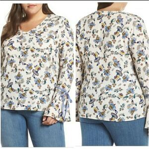NEW GLAMOROUS CURVE floral blouse tie sleeve v-neck top 14‎